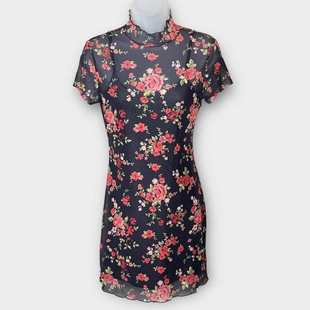 ARIZONA Y2K Black & Red Rose Print Mesh Mini Dress Size Small - Picture 2 of 6